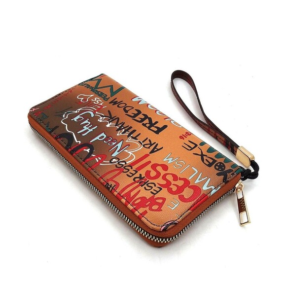 Brown Multi Graffiti Print Zip Around Wallet Wristlet - Picture 3 of 6
